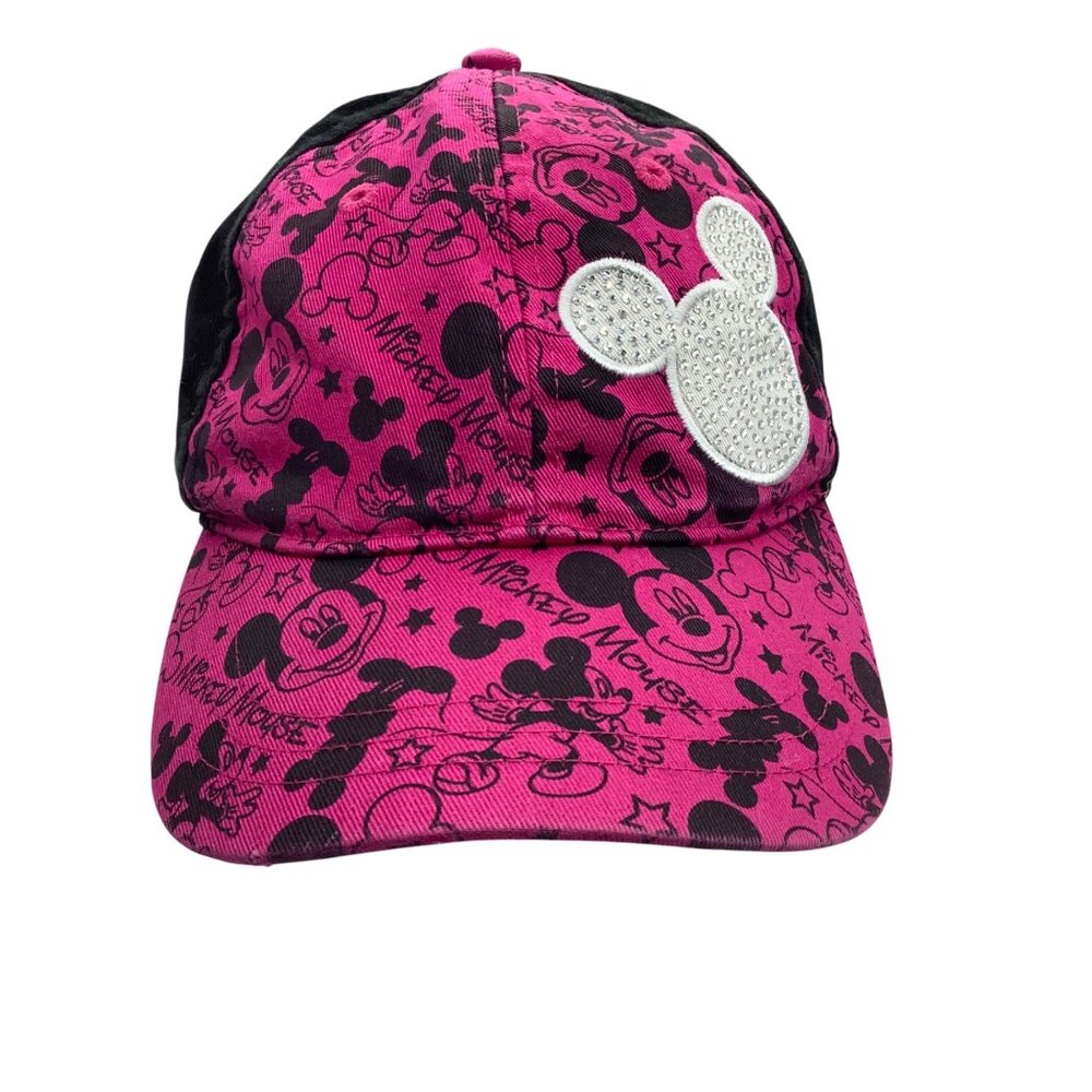 Disney Parks Pink Black Mickey Mouse Youth Hat Rhinestone Ears Adjustable Cotton